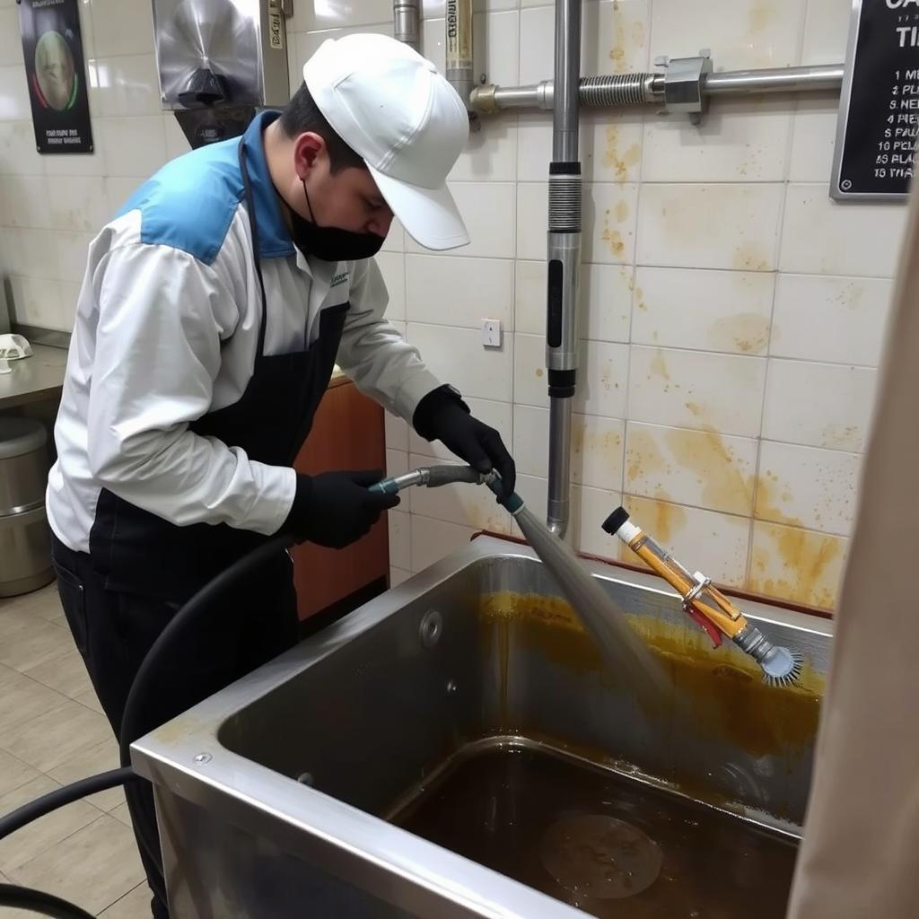 Pembersihan bak kontrol penuh lemak di restoran Medan