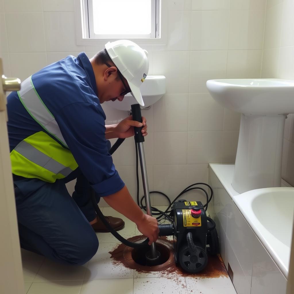 Teknisi sedang melancarkan pipa kamar mandi mampet di Medan